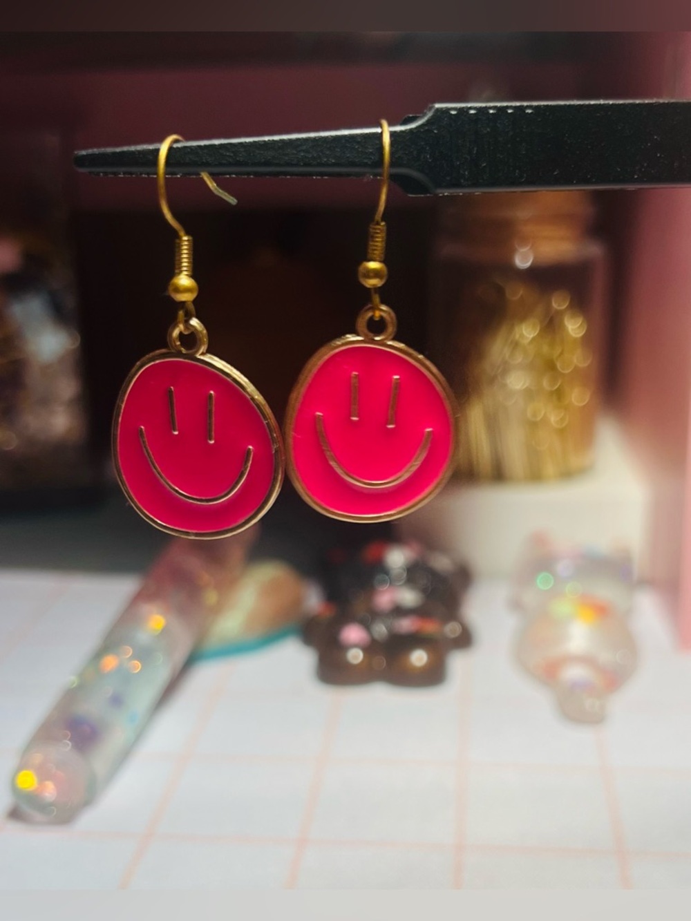 Gold-Plated Pink Smile Face Drop Earrings